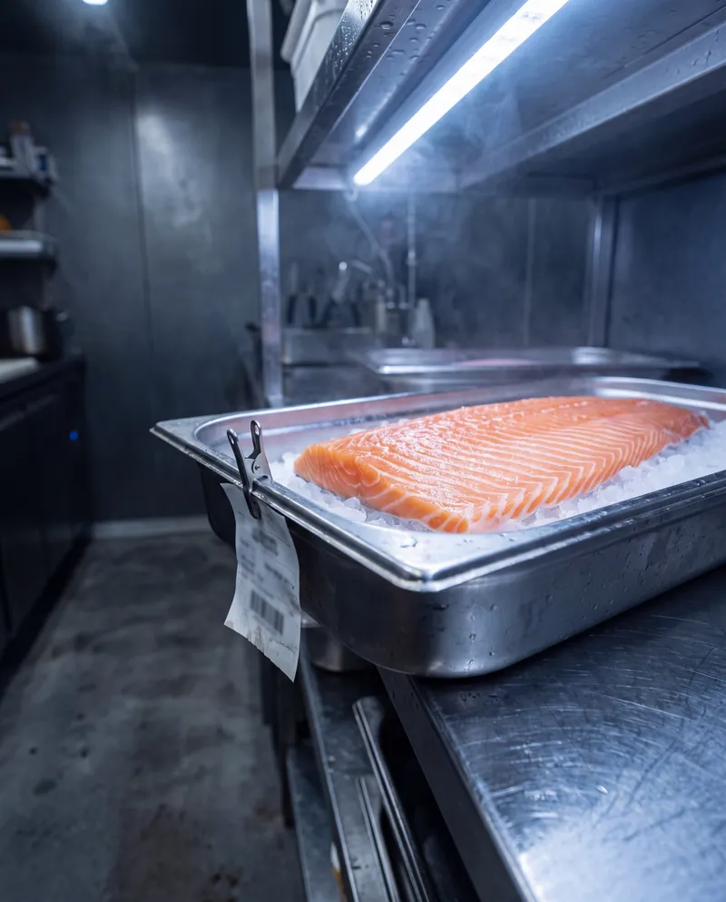 Filet de saumon sur glace dans un bac inox, étiquette fournisseur accrochée (décor généré)