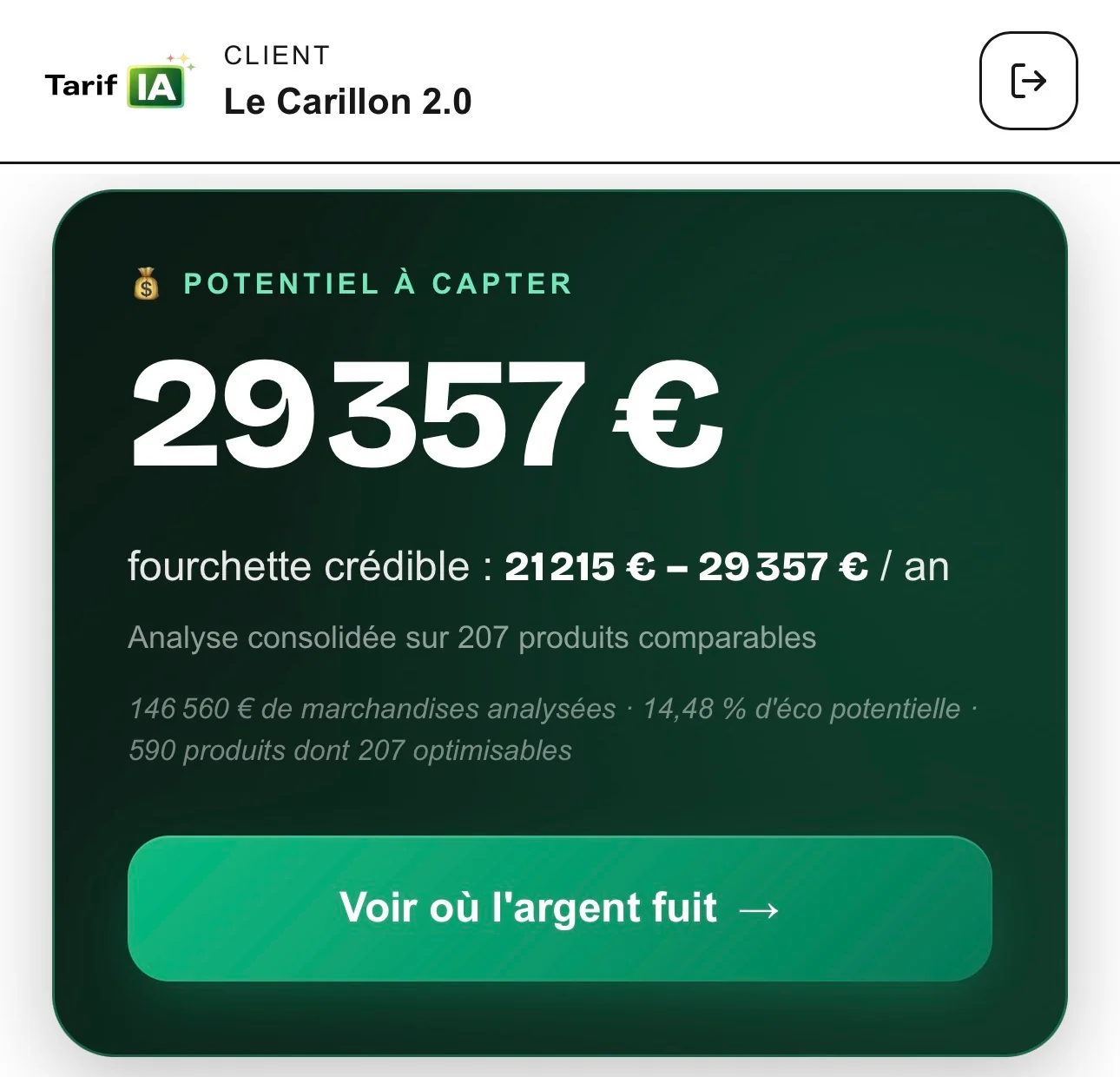 Tableau de bord du Carillon dans TarifIA : potentiel à capter estimé entre 21 215 € et 29 357 € par an