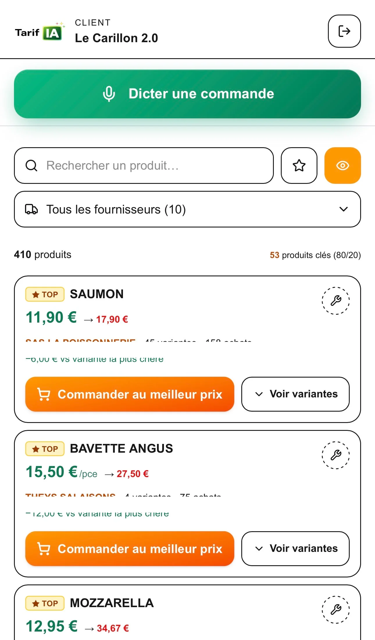 GPS d'achat du restaurant Le Carillon : chaque produit avec son meilleur prix constaté et le plus cher